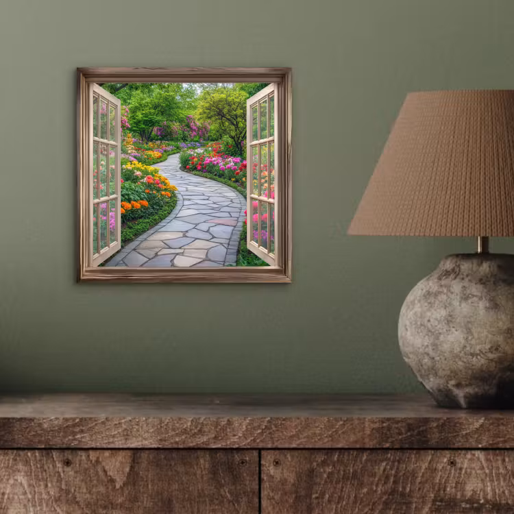 Doorkijk - Bloemen - Tuinpad - Natuur - Raam aluminium wit klein -sfeer2