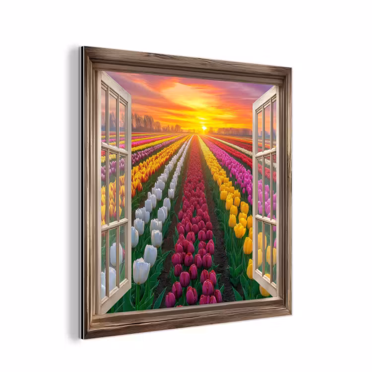 Doorkijk - Bloemen - Tulpen - Kleurrijk - Zonsondergang aluminium wit klein -3d