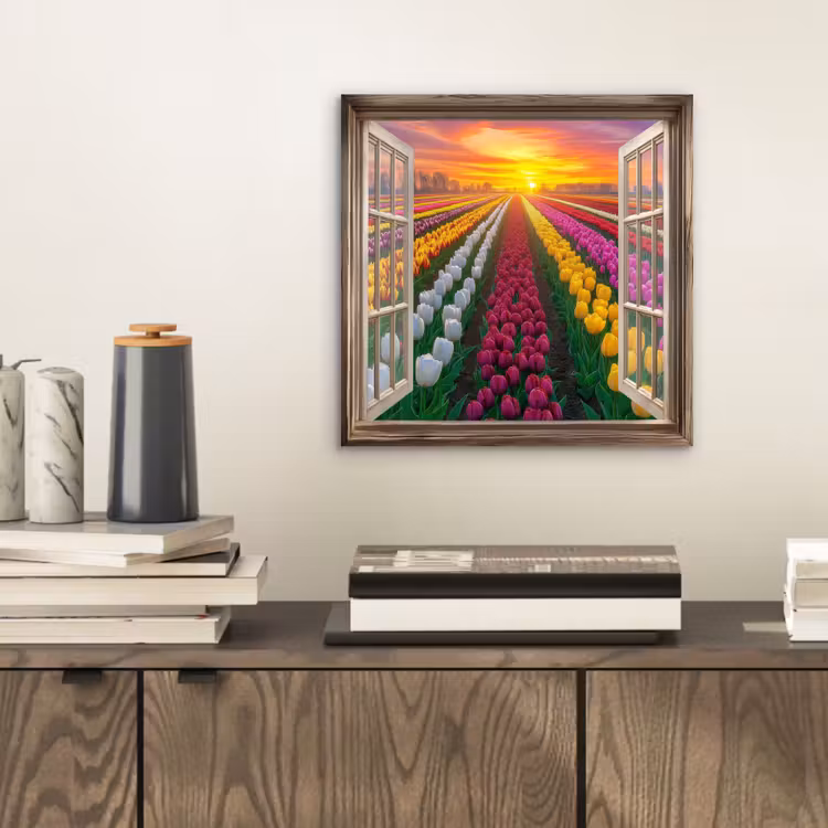 Doorkijk - Bloemen - Tulpen - Kleurrijk - Zonsondergang aluminium wit klein -sfeer1