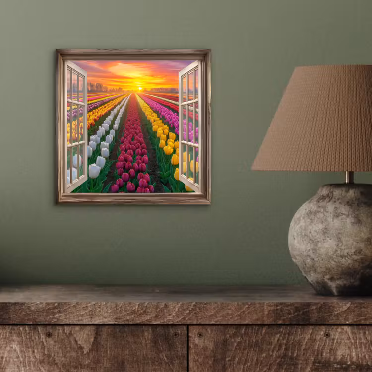 Doorkijk - Bloemen - Tulpen - Kleurrijk - Zonsondergang aluminium wit klein -sfeer2