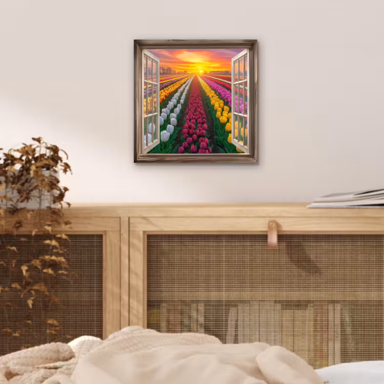 Doorkijk - Bloemen - Tulpen - Kleurrijk - Zonsondergang aluminium wit klein -sfeer3
