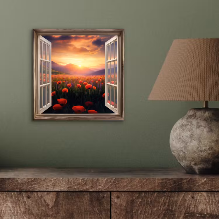 Doorkijk - Klaprozen - Bloemen - Rood - Open raam aluminium wit klein -sfeer2