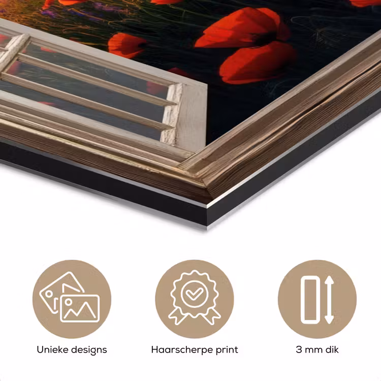 Doorkijk - Klaprozen - Bloemen - Rood - Open raam aluminium wit klein -closeup_NL