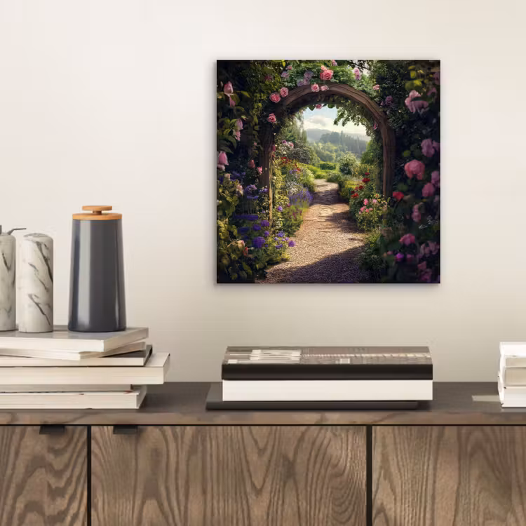 Doorkijk - Landschap - Bloemen - Rozenboog - Natuur aluminium wit klein -sfeer1