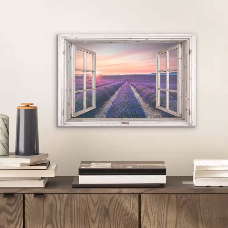 Doorkijk - Lavendel - Bloemen - Hout - Zonsondergang - Paars aluminium wit klein -sfeer1