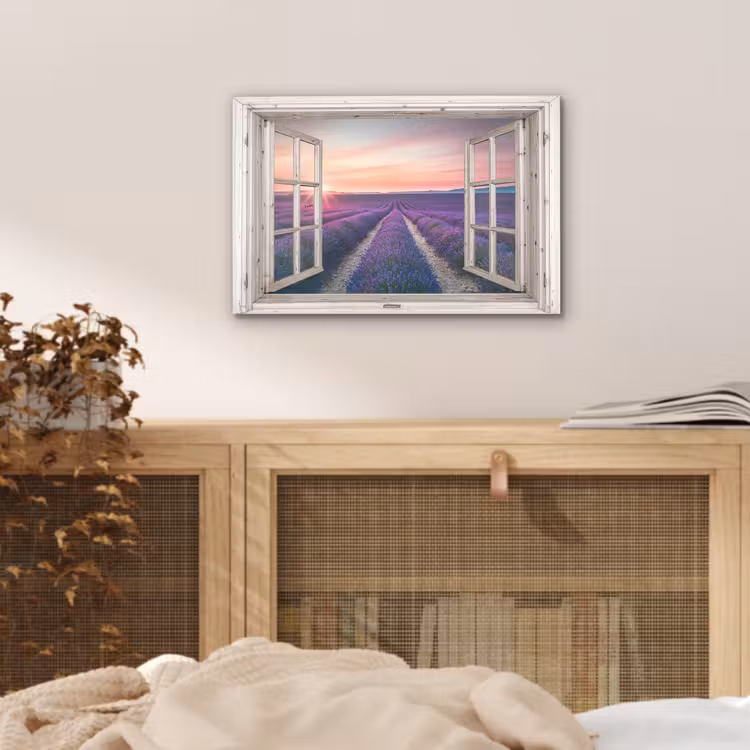 Doorkijk - Lavendel - Bloemen - Hout - Zonsondergang - Paars aluminium wit klein -sfeer3