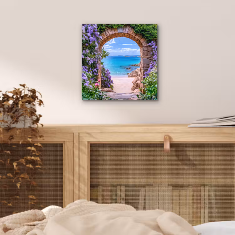 Doorkijk - Poort - Zee - Strand - Rotsen aluminium wit klein -sfeer3