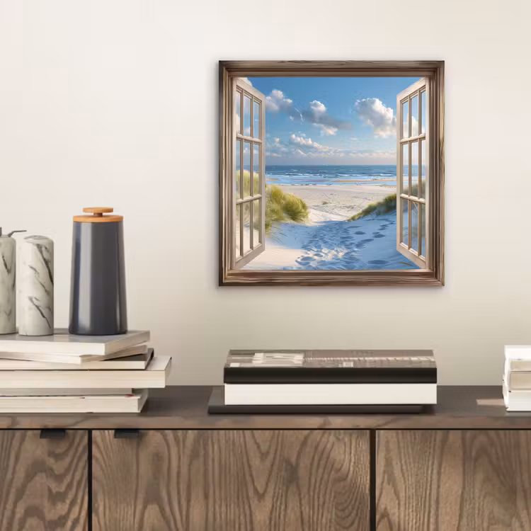 Doorkijk - Strand - Raam - Duinen - Zee aluminium wit klein -sfeer1