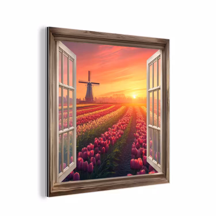 Doorkijk - Tulpen - Zonsondergang - Bloemen - Kleurrijk aluminium wit klein -3d