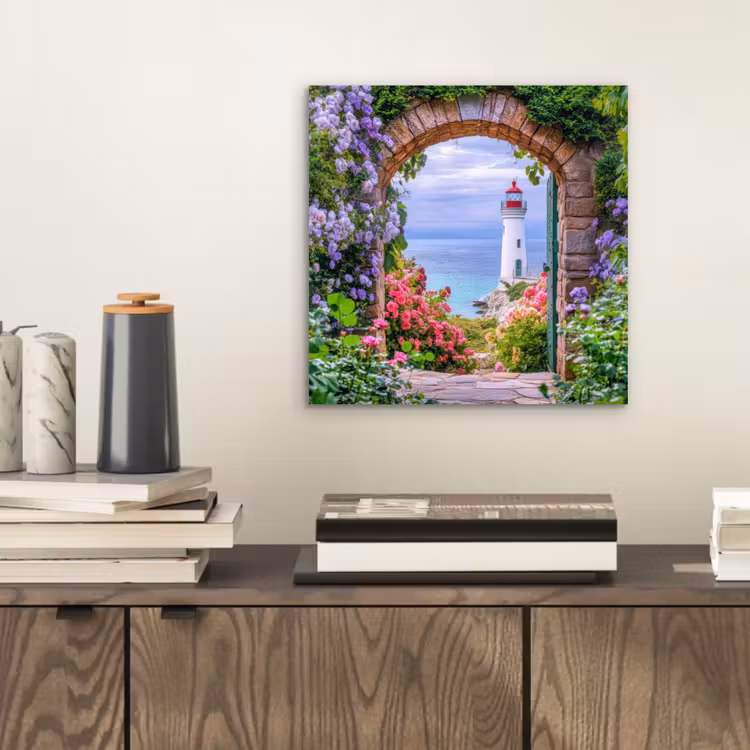 Doorkijk - Vuurtoren - Bloemen - Uitzicht aluminium wit klein -sfeer1