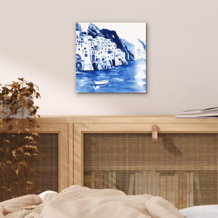 Dorp - Rotswand - Roeiboot - Water aluminium wit klein -sfeer3