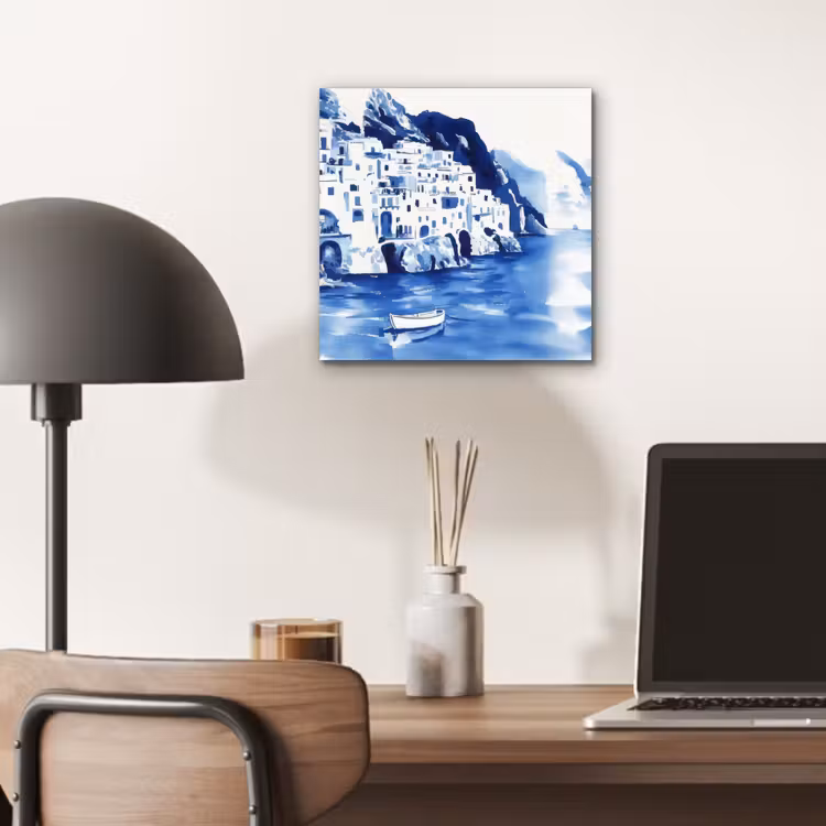 Dorp - Rotswand - Roeiboot - Water aluminium wit klein -sfeer5