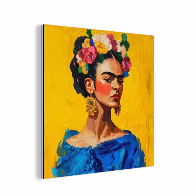 Frida Kahlo - Vrouw - Geel - Blauw - Bloemen aluminium wit klein -3d