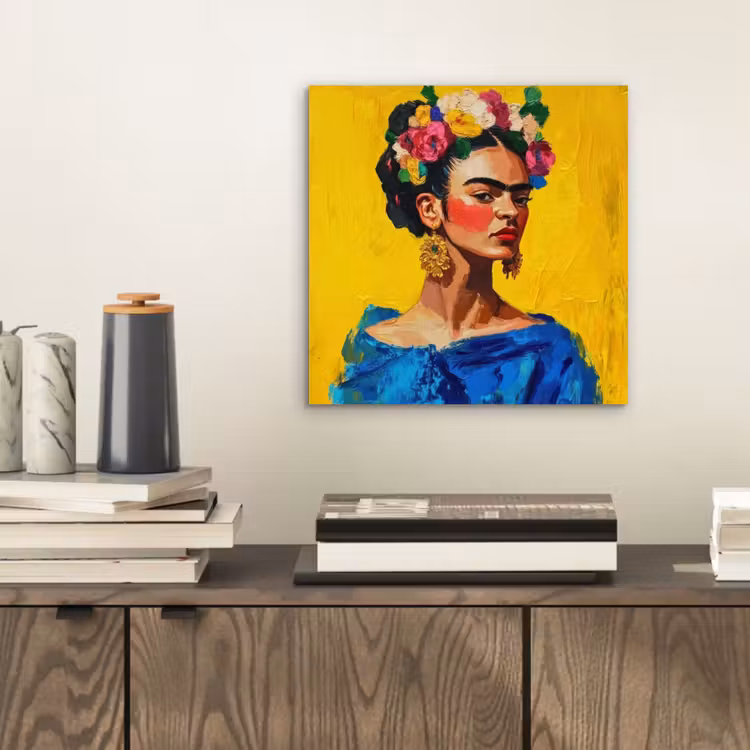 Frida Kahlo - Vrouw - Geel - Blauw - Bloemen aluminium wit klein -sfeer1