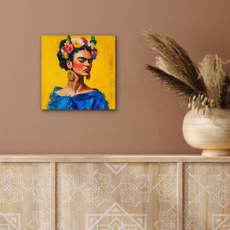 Frida Kahlo - Vrouw - Geel - Blauw - Bloemen aluminium wit klein -sfeer4