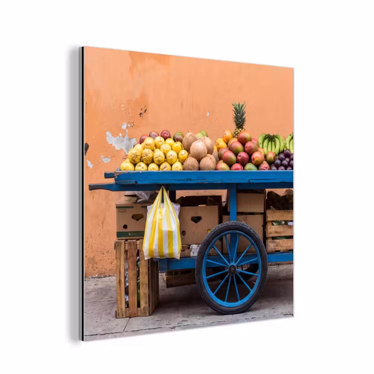 Aluminium schilderij - Fruit - Kar - Straat - Fruit - Kar - Straat aluminium wit klein