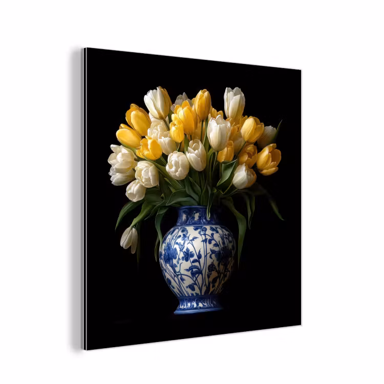Geel - Tulpen - Vaas - Bloemen aluminium wit klein -3d