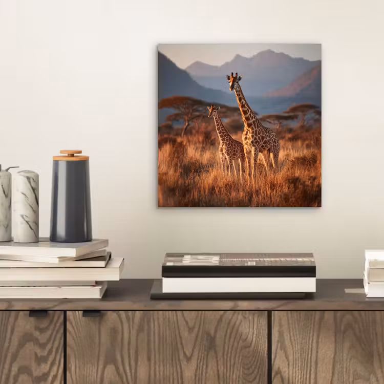 Giraffen - Hoog gras - Acaciabomen aluminium wit klein -sfeer1