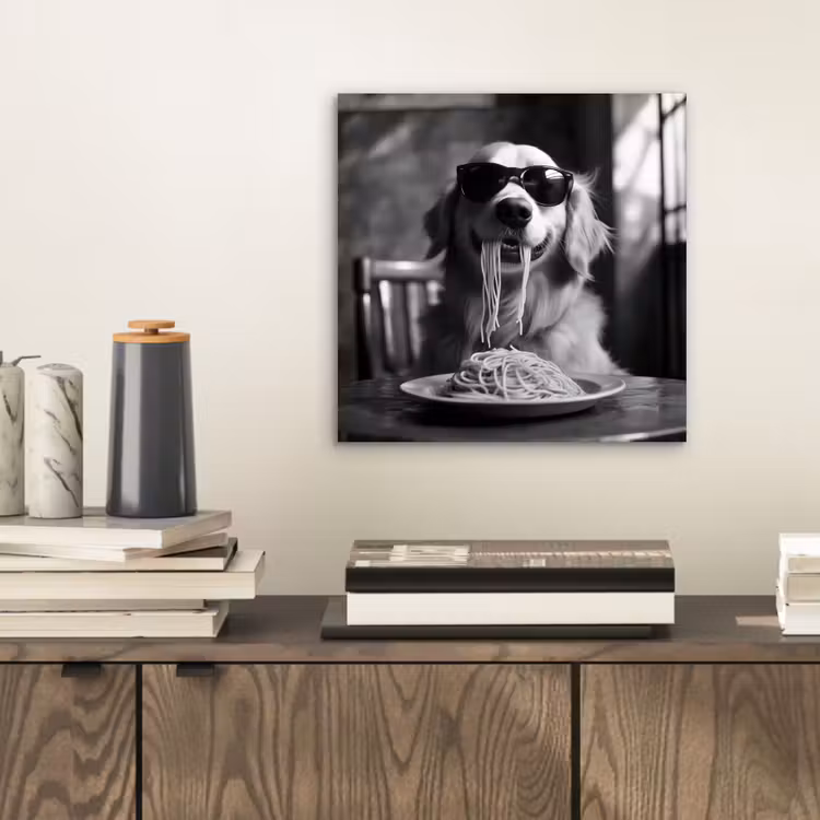 Golden Retriever - Hond - Vrolijk - Bord spaghetti - Zwart - wit aluminium wit klein -sfeer1