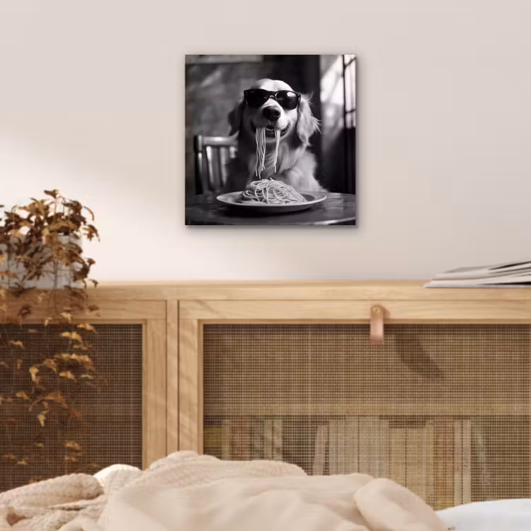 Golden Retriever - Hond - Vrolijk - Bord spaghetti - Zwart - wit aluminium wit klein -sfeer3