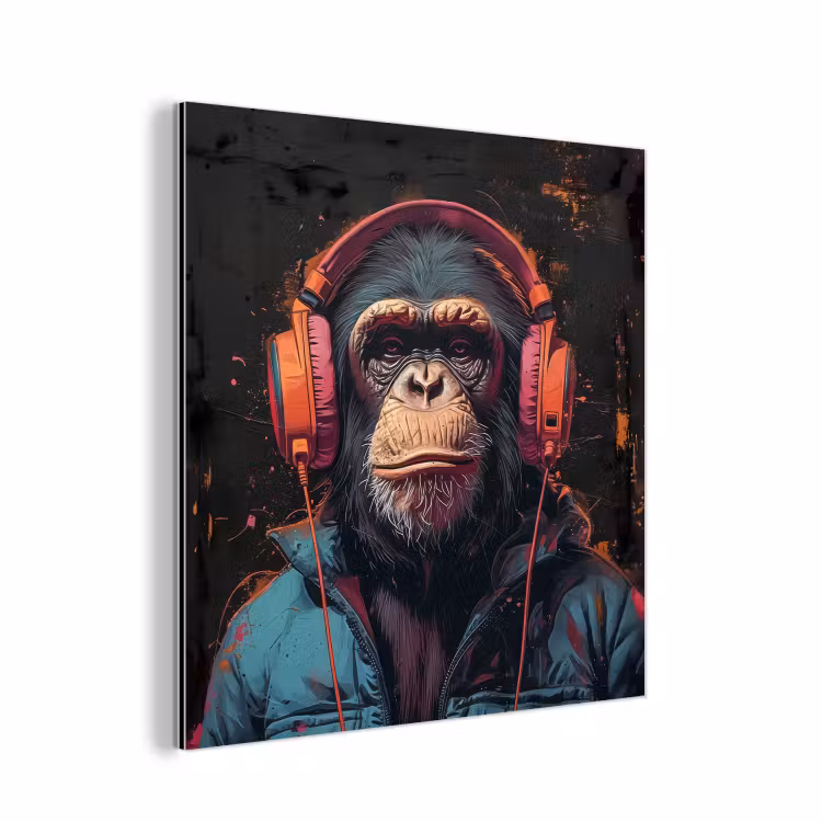 Graffiti - Chimpansee - Koptelefoon - Aap aluminium wit klein -3d