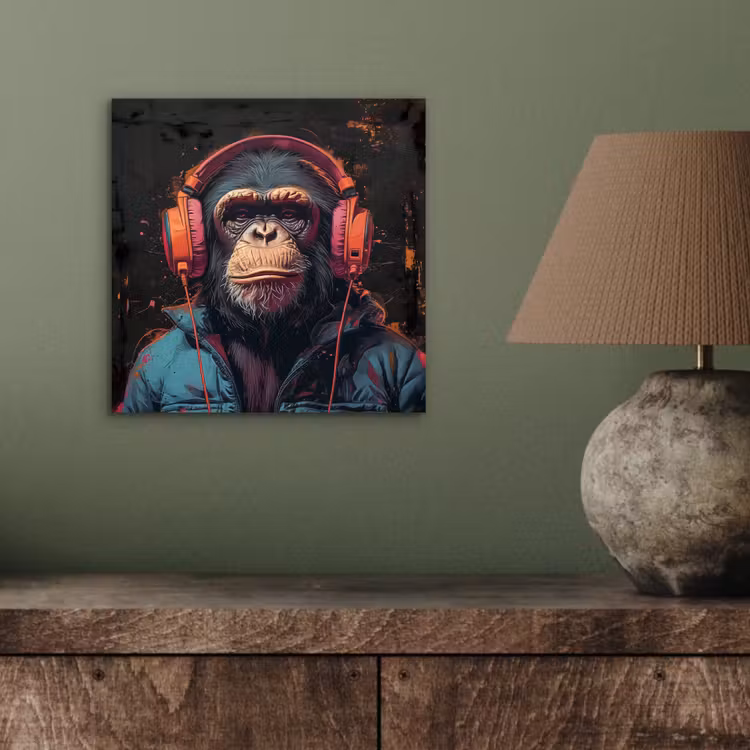 Graffiti - Chimpansee - Koptelefoon - Aap aluminium wit klein -sfeer2