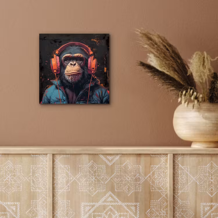Graffiti - Chimpansee - Koptelefoon - Aap aluminium wit klein -sfeer4