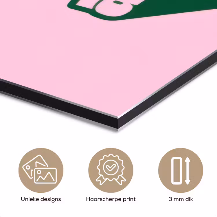 Groen - Teskt - This is art - Roze aluminium wit klein -closeup_NL