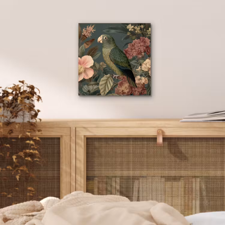 Groene papegaai - Kleurrijke bloemen - Donkere achtergrond aluminium wit klein -sfeer3