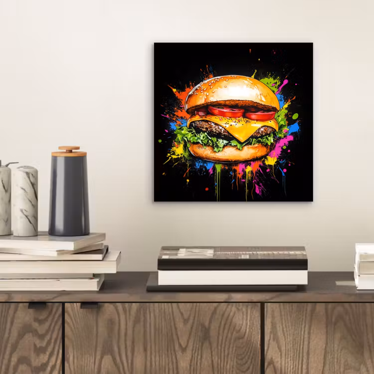 Hamburger - Graffiti - Verf - Kleurrijk - Eten - Abstract aluminium wit klein -sfeer1