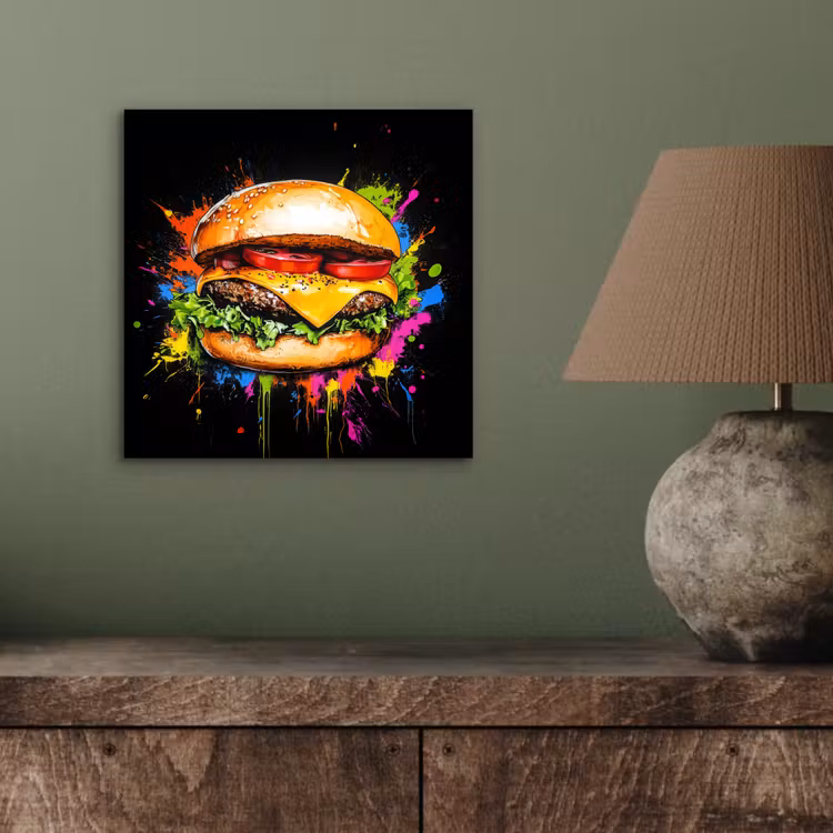 Hamburger - Graffiti - Verf - Kleurrijk - Eten - Abstract aluminium wit klein -sfeer2