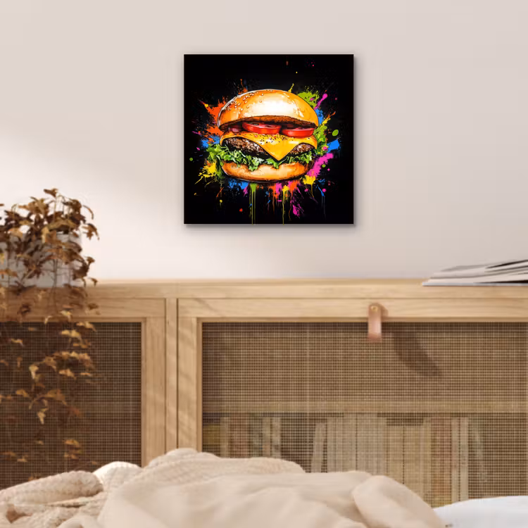 Hamburger - Graffiti - Verf - Kleurrijk - Eten - Abstract aluminium wit klein -sfeer3