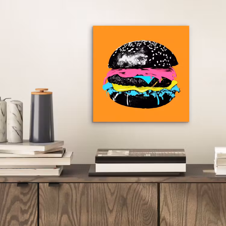 Hamburger - Oranje - Neon - popart aluminium wit klein -sfeer1