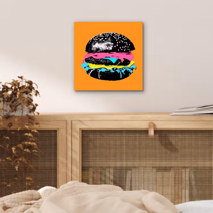 Hamburger - Oranje - Neon - popart aluminium wit klein -sfeer3