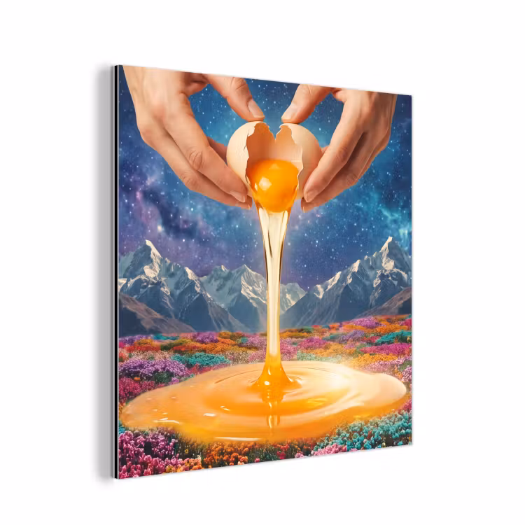 Aluminium schilderij - Handen - Ei - Surrealisme - Handen - Ei - Surrealisme aluminium wit klein