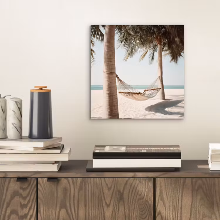 Hangmat - Palmbomen - Strand - Zee aluminium wit klein -sfeer1