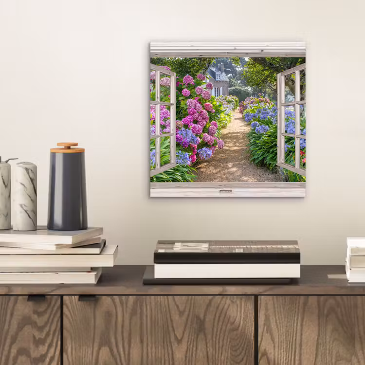 Hortensia - Doorkijk - Bloemen - Zomer - Paars - Pad aluminium wit klein -sfeer1
