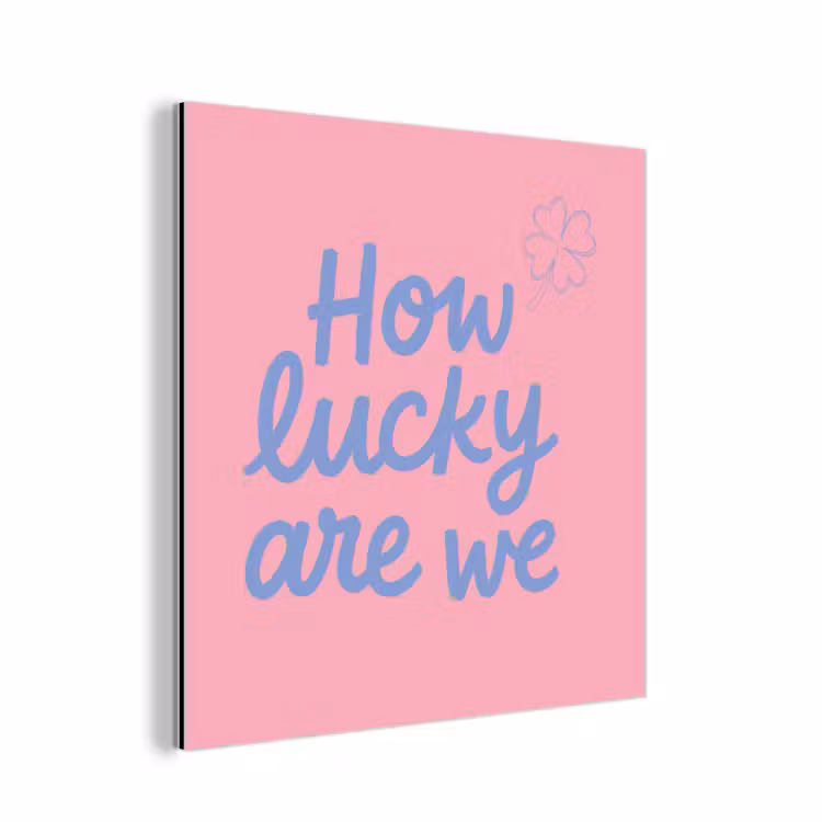 How lucky are we - Klavervier - Roze - Blauw aluminium wit klein -3d