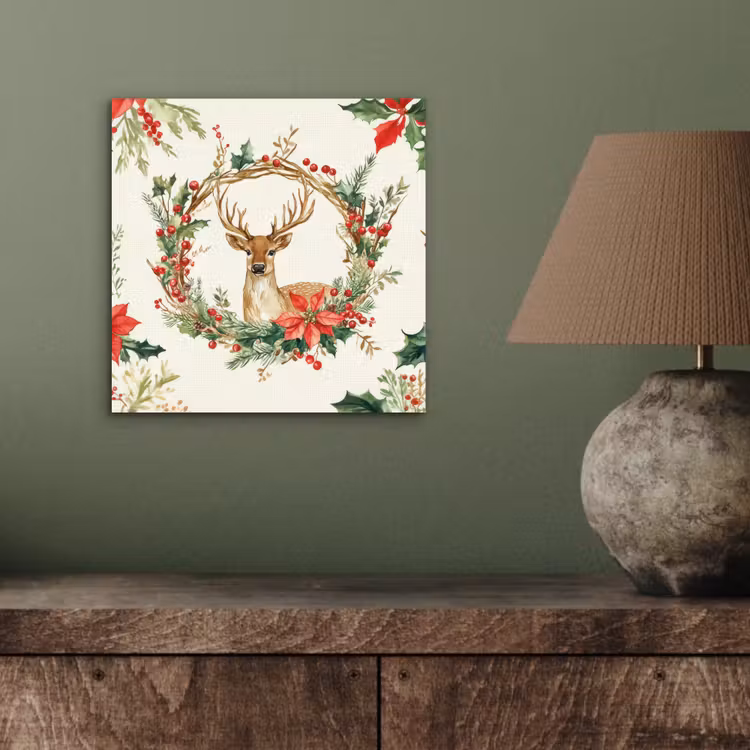 Kerstkrans - Hert - Hulst - Rood aluminium wit klein -sfeer2