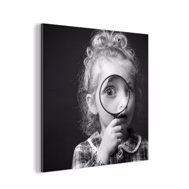 Kind - Vergrootglas - Portret - Zwart-wit aluminium wit klein -3d