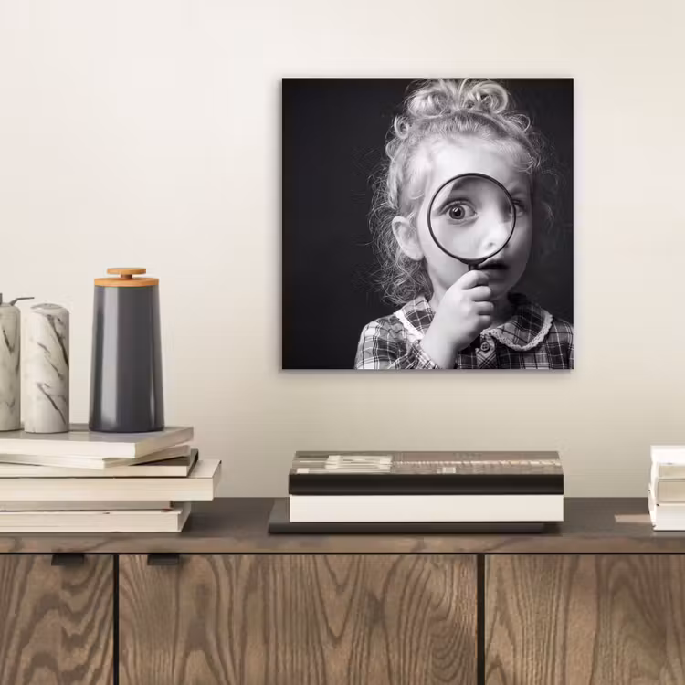 Kind - Vergrootglas - Portret - Zwart-wit aluminium wit klein -sfeer1