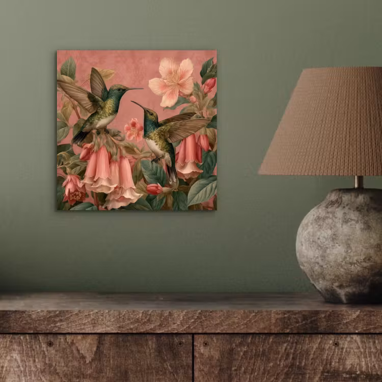 Kolibries - Bloemen - Groen - Roze aluminium wit klein -sfeer2