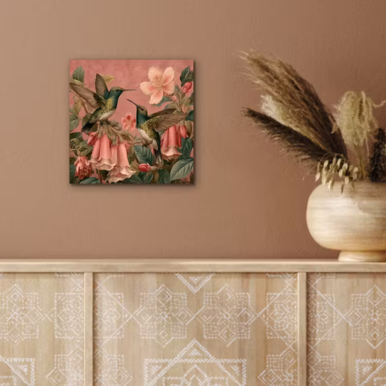 Kolibries - Bloemen - Groen - Roze aluminium wit klein -sfeer4