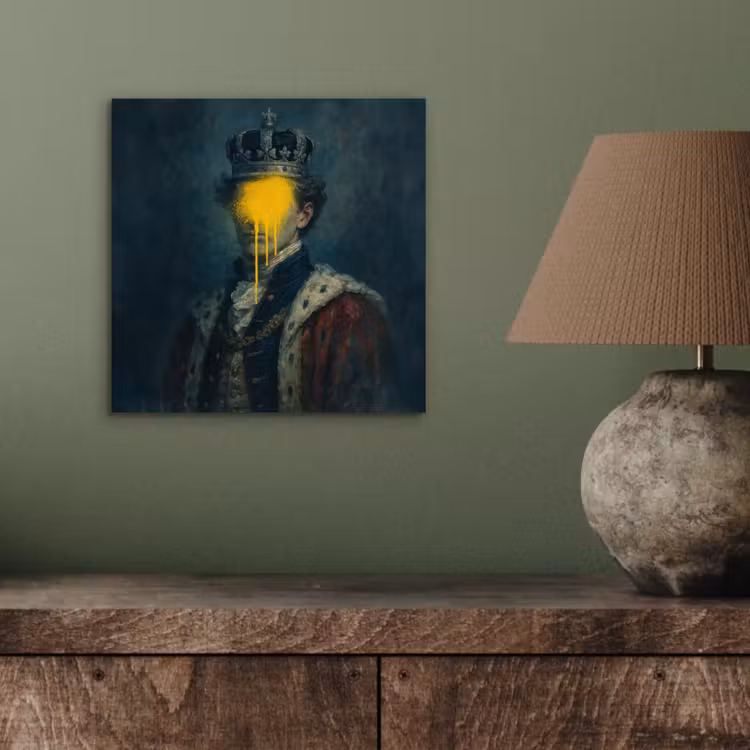 Koning - Portret - Druipende gele verf aluminium wit klein -sfeer2