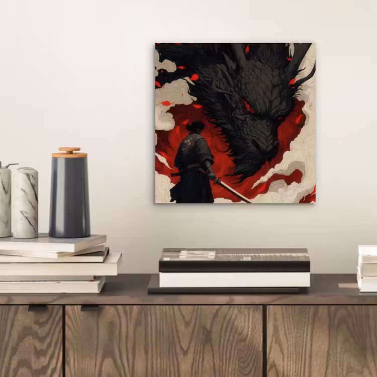 Krijger - Draak - Zwart - Rood - Rook aluminium wit klein -sfeer1
