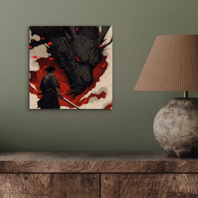 Krijger - Draak - Zwart - Rood - Rook aluminium wit klein -sfeer2