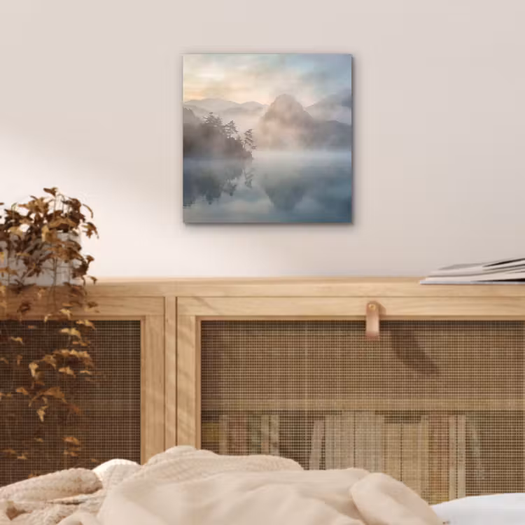 Landschap - Bergen - Mist - Water - Natuur aluminium wit klein -sfeer3