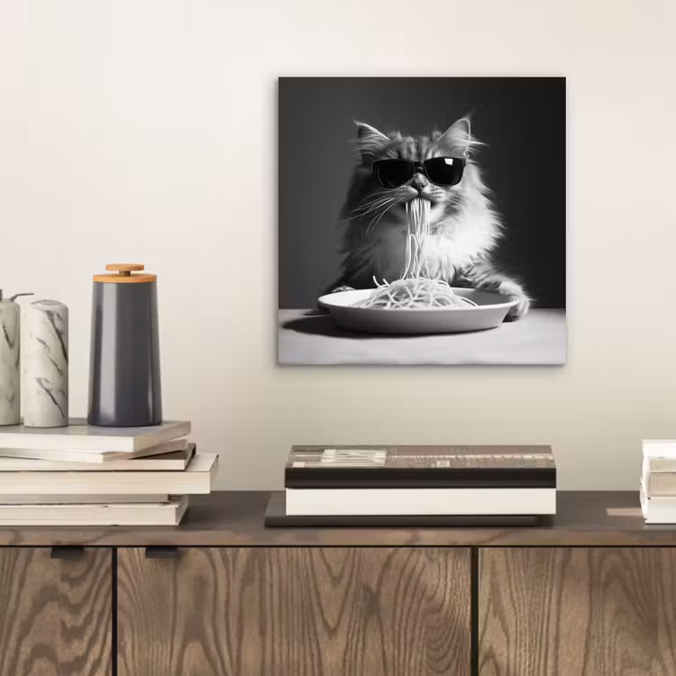 Langharige kat - Zonnebril - Spaghetti - Humor - Zwart - wit aluminium wit klein -sfeer1