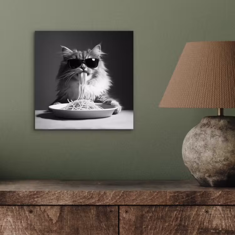 Langharige kat - Zonnebril - Spaghetti - Humor - Zwart - wit aluminium wit klein -sfeer2