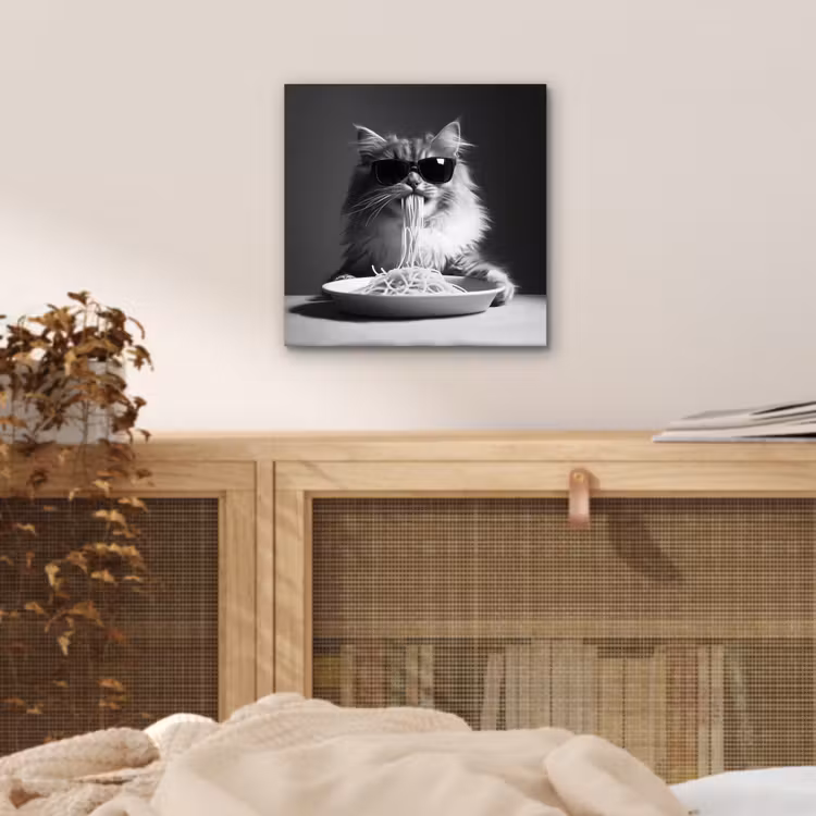 Langharige kat - Zonnebril - Spaghetti - Humor - Zwart - wit aluminium wit klein -sfeer3